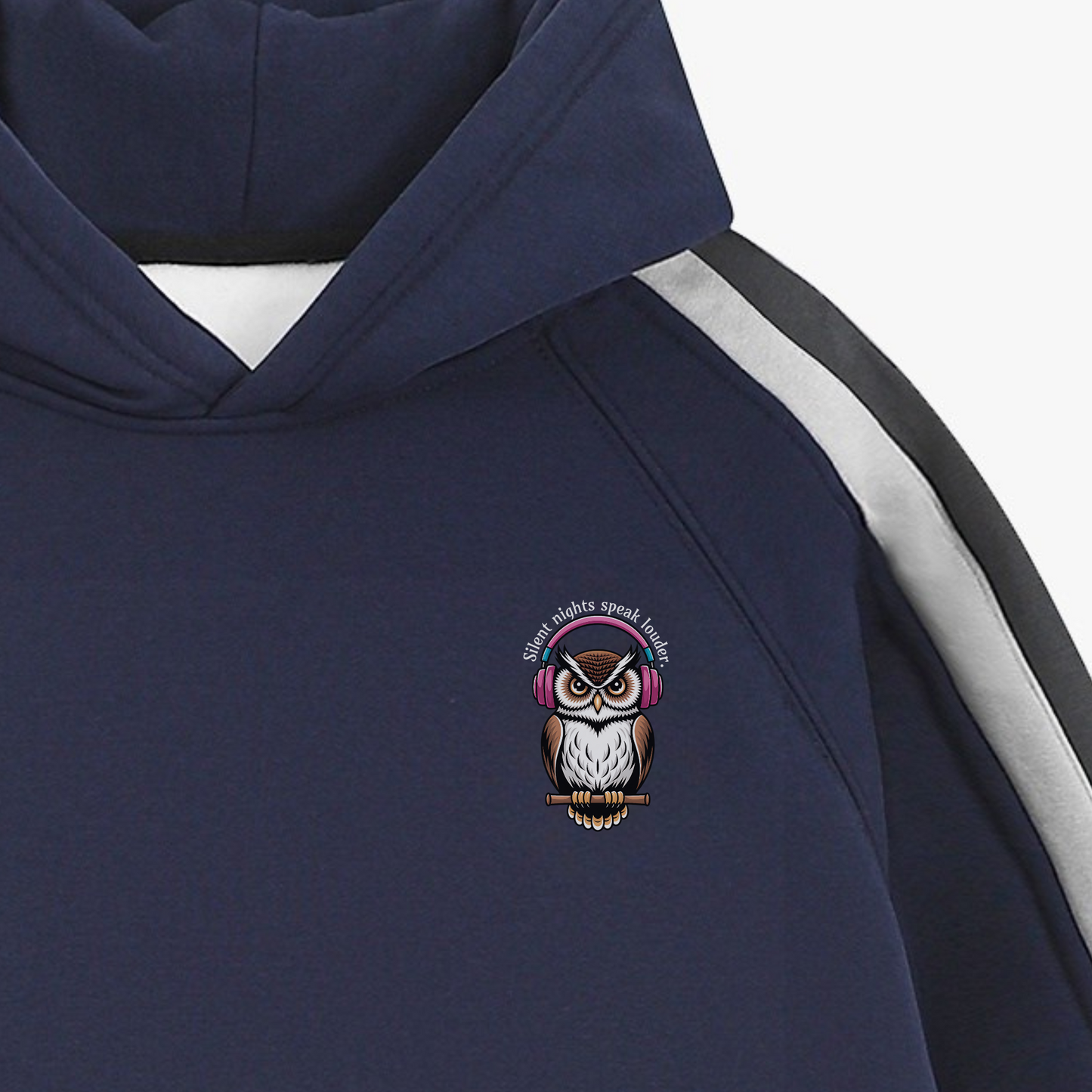 Silent Nights Speak Louder – Striped Sleeves Hoodie – Navy Blue
